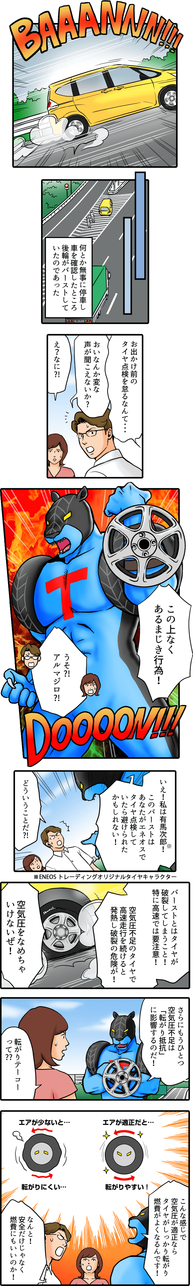 何とか無事に停車し車を確認したところ後輪がバーストしていたのであった　お出かけ前のタイヤ点検を怠るなんて　おいなんか変な声が聞こえないか？え？なに？この上なくあるまじき行為！うそ！アルマジロ　いえ！私は有馬次郎！このバーストはタイヤ点検していたらさけられたかもしれない！どういうことだ！バーストとはタイヤが破裂してしまうこと！特に高速では要注意！空気圧不足のタイヤで高速走行を続けると発熱し破裂の危険が！空気圧をなめちゃいけないぜ。さらにもうひとつ空気圧不足は「転がり抵抗」に影響するのだ！転がりテーコーって？こんな感じで空気圧が適正ならタイヤがしっかり転がり燃費がよくなるんです。なんと！安全だけじゃなく燃費にもいいのか！