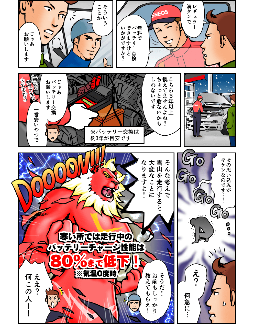 レギュラー満タンで。無料でバッテリー点検できますけどいかがですか？そういうことか、じゃあお願いします。こちら3年以上換えてませんよね？ちょっと危ないかもしれないです。じゃあバッテリー交換お願いします。一番安いやつで。その思い込みがキケンなのです…！そんな考えで雪山を走行すると大変なことになりますよ！そうだ！お前もしっかり教えてもらえ！ええ？何この人ー！