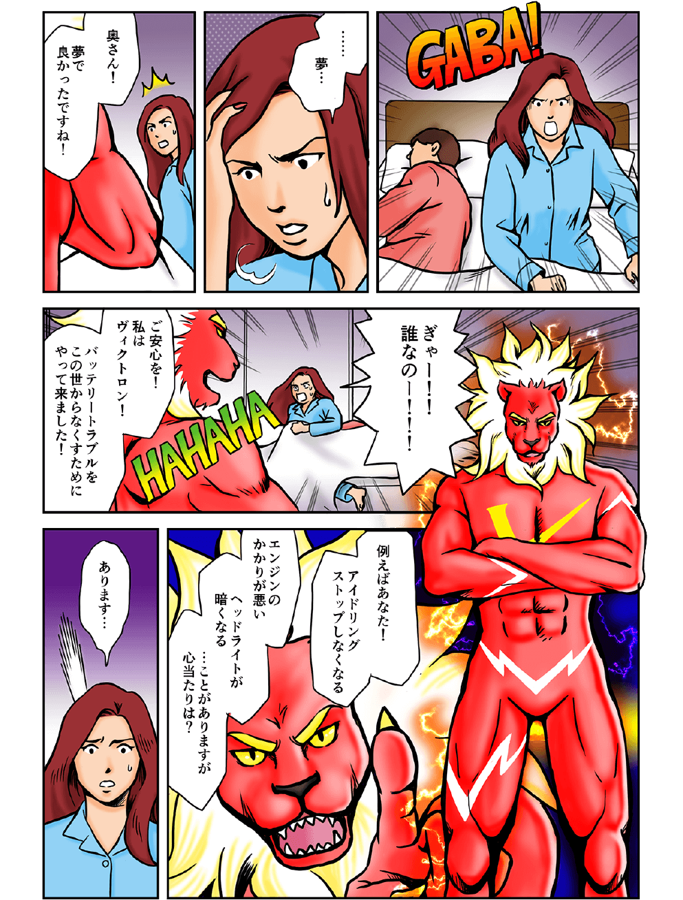 夢…。奥さん、夢で良かったですね！ぎゃー！誰なのー！ご安心を！私はヴィクトロン！バッテリートラブルをこの世からなくすためにやってきました！例えばあなた、アイドリングストップしなくなる、エンジンのかかりが悪い、ヘッドライトが暗くなる、…ことがありますが、心当たりは？あります…